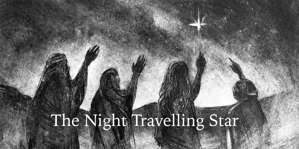Four women stand with their backs to the viewer, each reaching a hand up to a bright start in the night sky. 